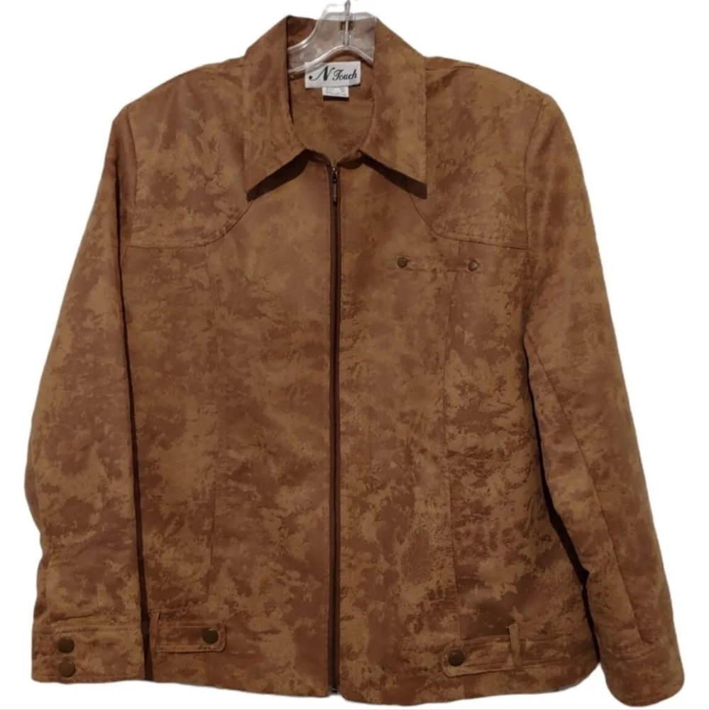 N Touch Women's Brown Suede Long Sleeve Zip Up Blazer Jacket Size 14